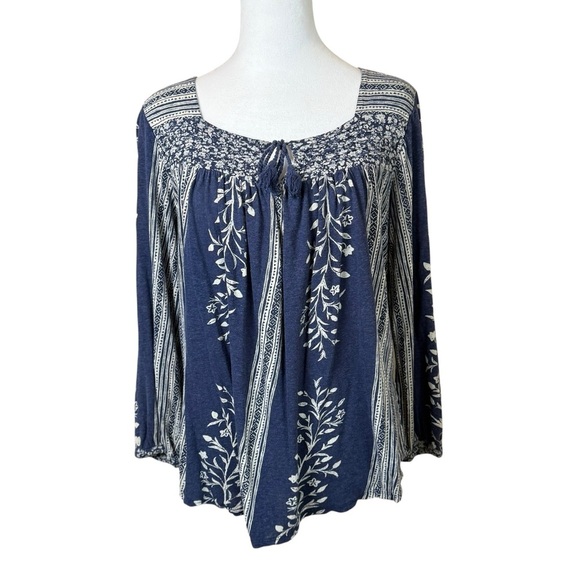 Lucky Brand Womens Linen Blend Peasant Top LG 3/4 Sleeve Navy Blue Boho Hippie - Picture 1 of 10